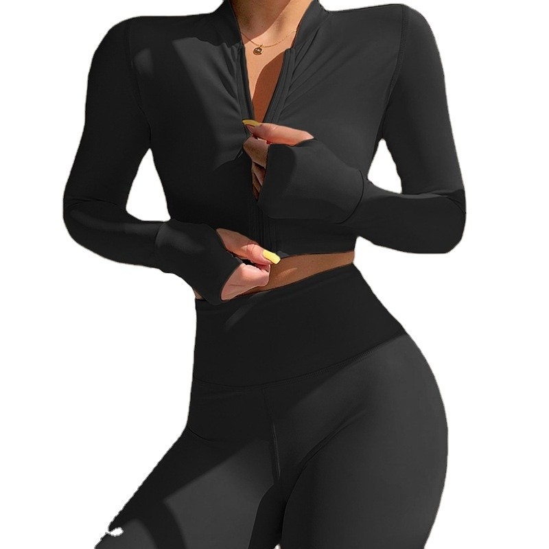 Traje de ginástica feminino de manga longa para treino físico Midi Outfit esportivo de comprimento