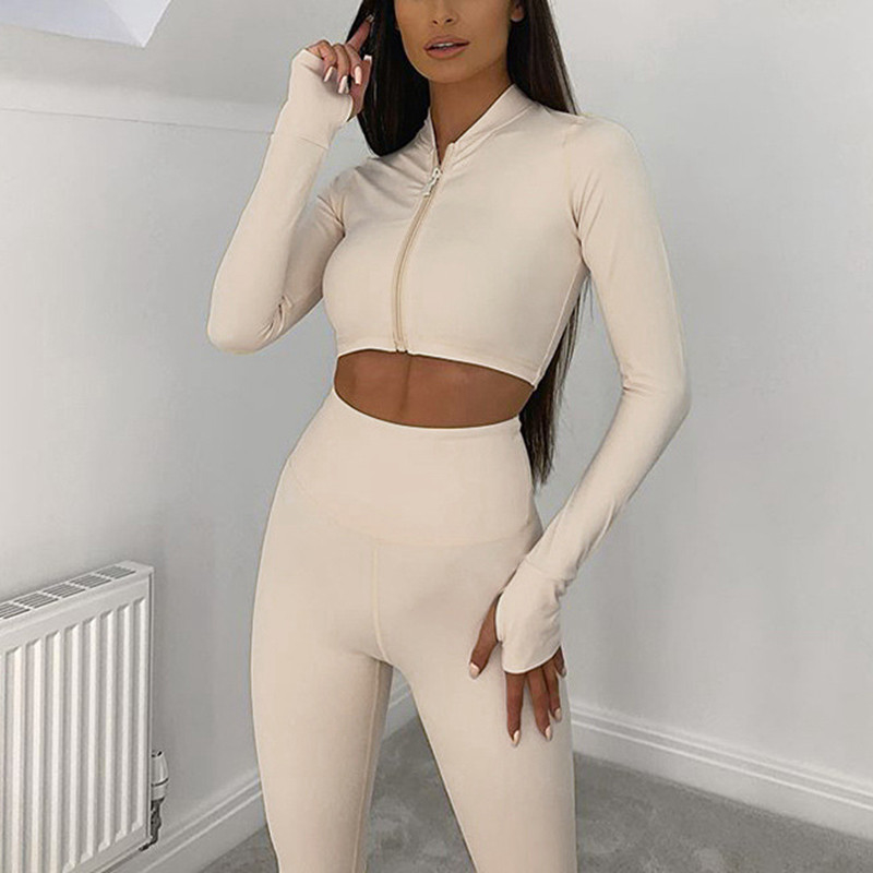 Traje de ginástica feminino de manga longa para treino físico Midi Outfit esportivo de comprimento