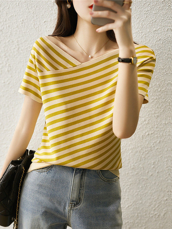 Camisa de moda de tricote com listras V Neck Casual Camisa de tricote para ocasião feminina