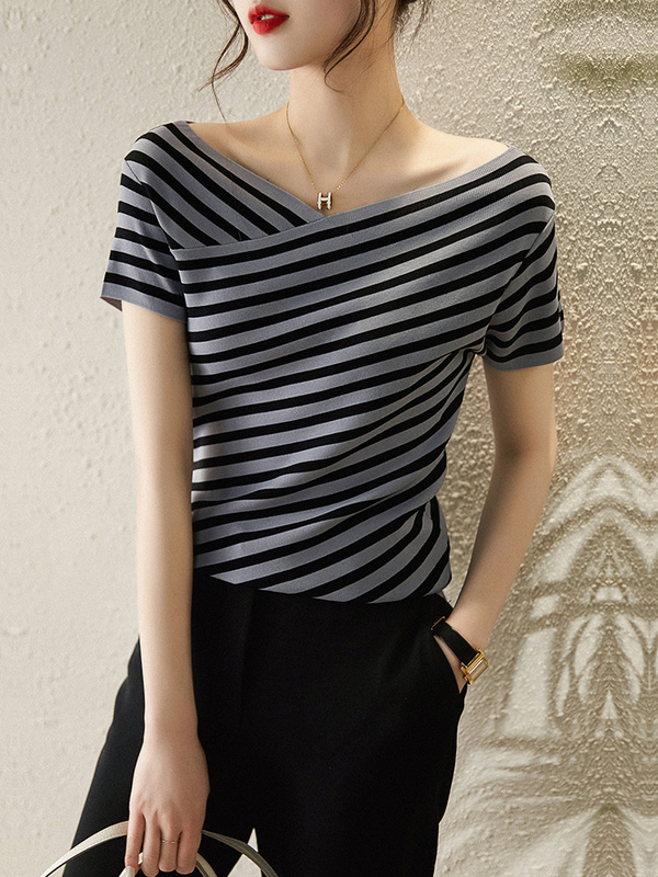Camisa de moda de tricote com listras V Neck Casual Camisa de tricote para ocasião feminina